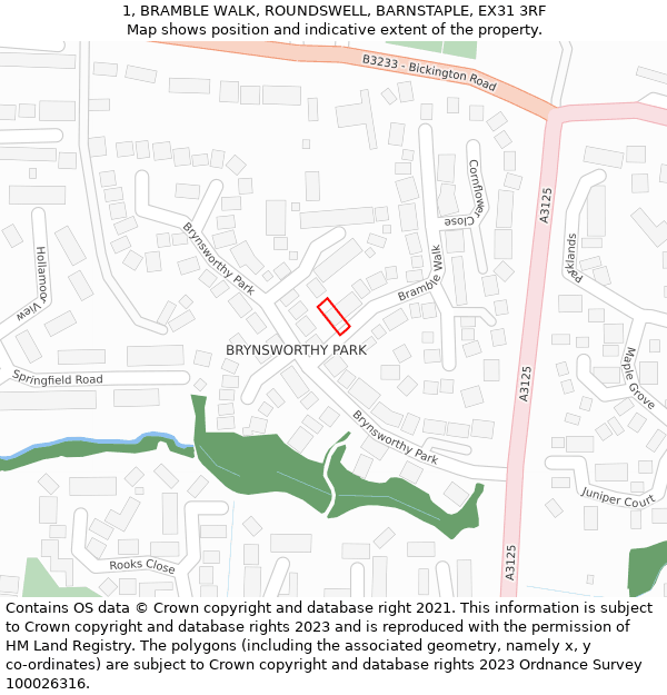 1, BRAMBLE WALK, ROUNDSWELL, BARNSTAPLE, EX31 3RF: Location map and indicative extent of plot