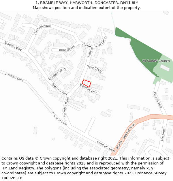 1, BRAMBLE WAY, HARWORTH, DONCASTER, DN11 8LY: Location map and indicative extent of plot