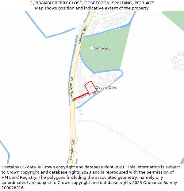 1, BRAMBLEBERRY CLOSE, GOSBERTON, SPALDING, PE11 4GZ: Location map and indicative extent of plot