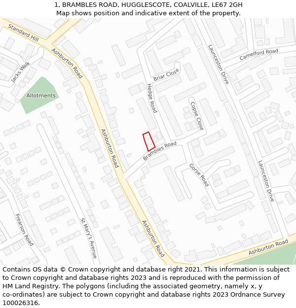 1, BRAMBLES ROAD, HUGGLESCOTE, COALVILLE, LE67 2GH: Location map and indicative extent of plot