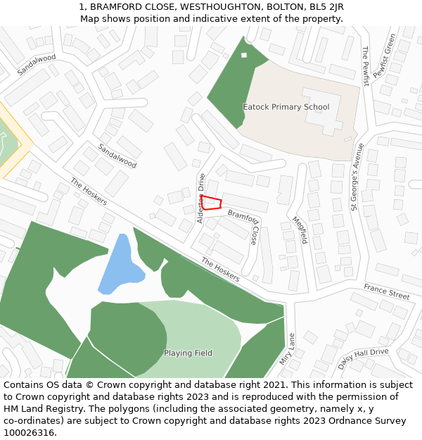 1, BRAMFORD CLOSE, WESTHOUGHTON, BOLTON, BL5 2JR: Location map and indicative extent of plot