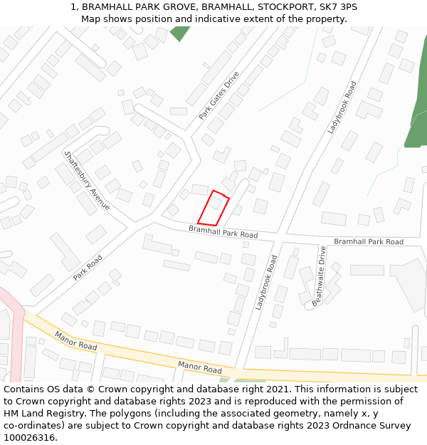 1, BRAMHALL PARK GROVE, BRAMHALL, STOCKPORT, SK7 3PS: Location map and indicative extent of plot