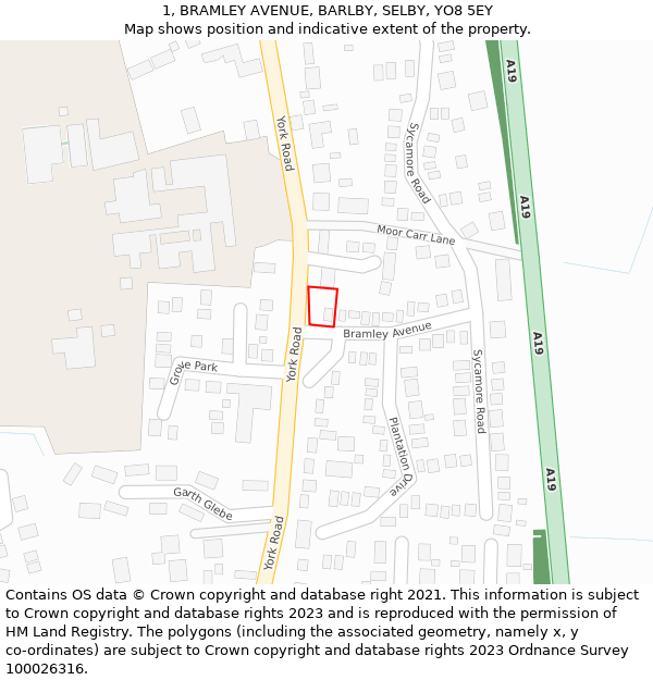 1, BRAMLEY AVENUE, BARLBY, SELBY, YO8 5EY: Location map and indicative extent of plot