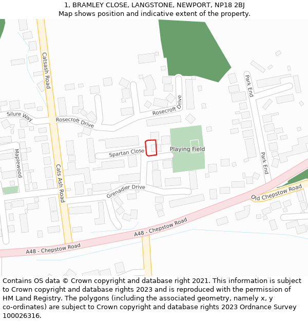 1, BRAMLEY CLOSE, LANGSTONE, NEWPORT, NP18 2BJ: Location map and indicative extent of plot