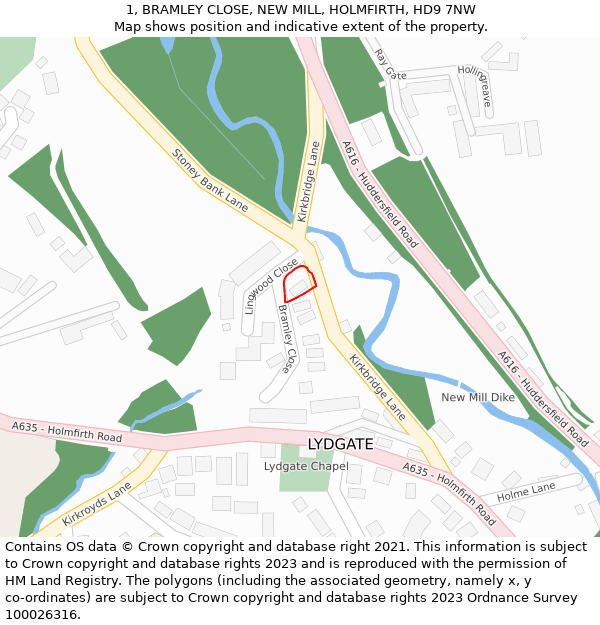 1, BRAMLEY CLOSE, NEW MILL, HOLMFIRTH, HD9 7NW: Location map and indicative extent of plot