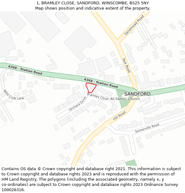 1, BRAMLEY CLOSE, SANDFORD, WINSCOMBE, BS25 5NY: Location map and indicative extent of plot