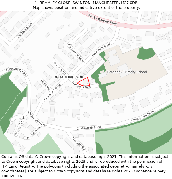 1, BRAMLEY CLOSE, SWINTON, MANCHESTER, M27 0DR: Location map and indicative extent of plot