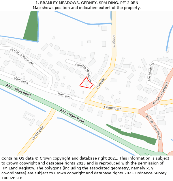 1, BRAMLEY MEADOWS, GEDNEY, SPALDING, PE12 0BN: Location map and indicative extent of plot