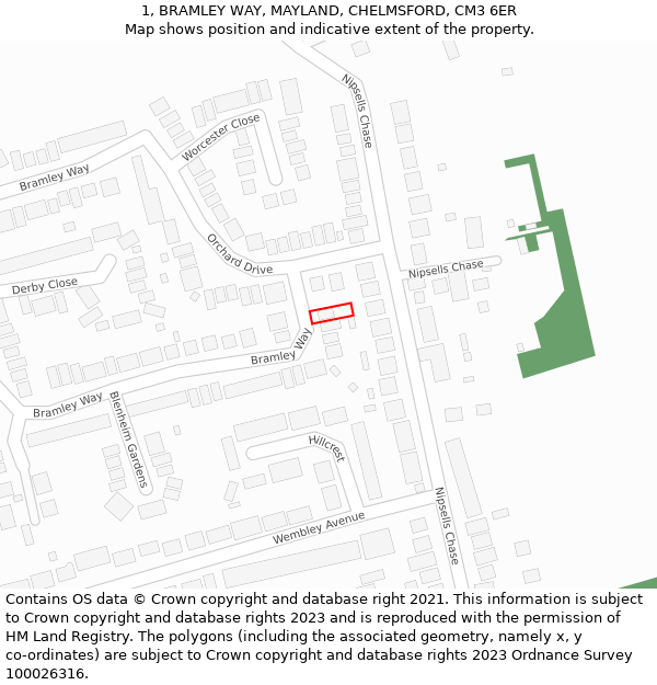 1, BRAMLEY WAY, MAYLAND, CHELMSFORD, CM3 6ER: Location map and indicative extent of plot