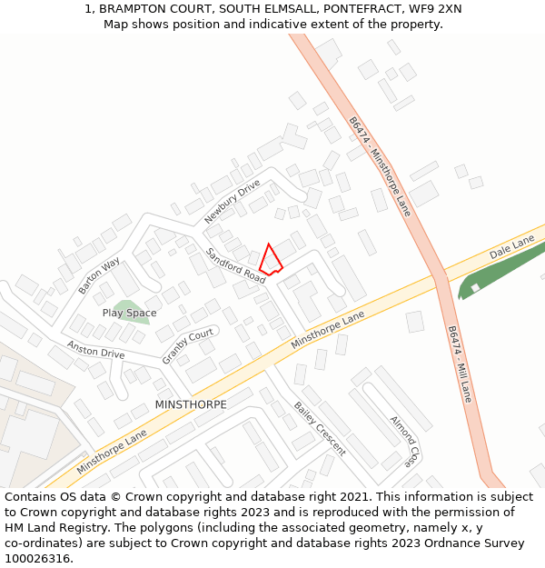 1, BRAMPTON COURT, SOUTH ELMSALL, PONTEFRACT, WF9 2XN: Location map and indicative extent of plot