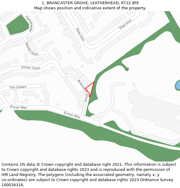 1, BRANCASTER GROVE, LEATHERHEAD, KT22 8FE: Location map and indicative extent of plot