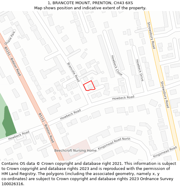 1, BRANCOTE MOUNT, PRENTON, CH43 6XS: Location map and indicative extent of plot