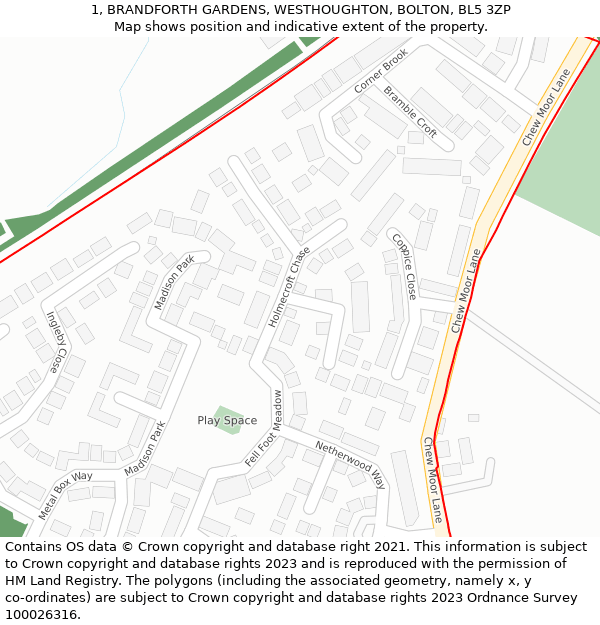 1, BRANDFORTH GARDENS, WESTHOUGHTON, BOLTON, BL5 3ZP: Location map and indicative extent of plot