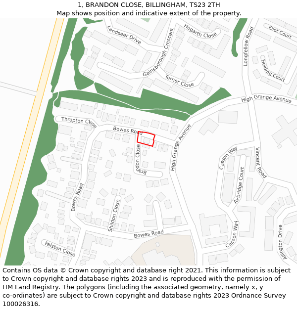 1, BRANDON CLOSE, BILLINGHAM, TS23 2TH: Location map and indicative extent of plot