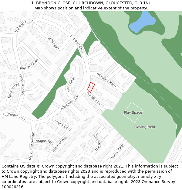 1, BRANDON CLOSE, CHURCHDOWN, GLOUCESTER, GL3 1NU: Location map and indicative extent of plot