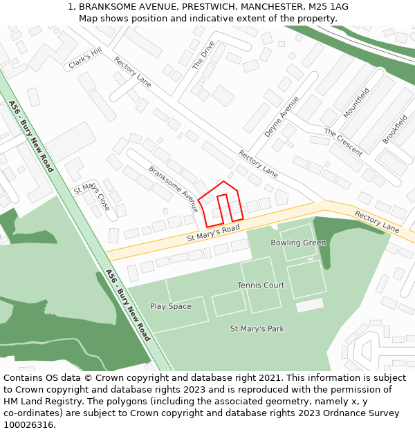 1, BRANKSOME AVENUE, PRESTWICH, MANCHESTER, M25 1AG: Location map and indicative extent of plot