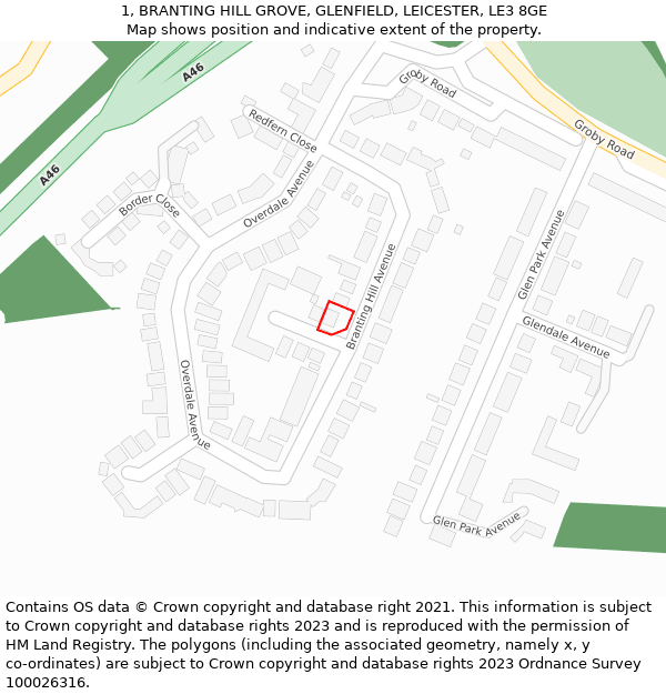 1, BRANTING HILL GROVE, GLENFIELD, LEICESTER, LE3 8GE: Location map and indicative extent of plot