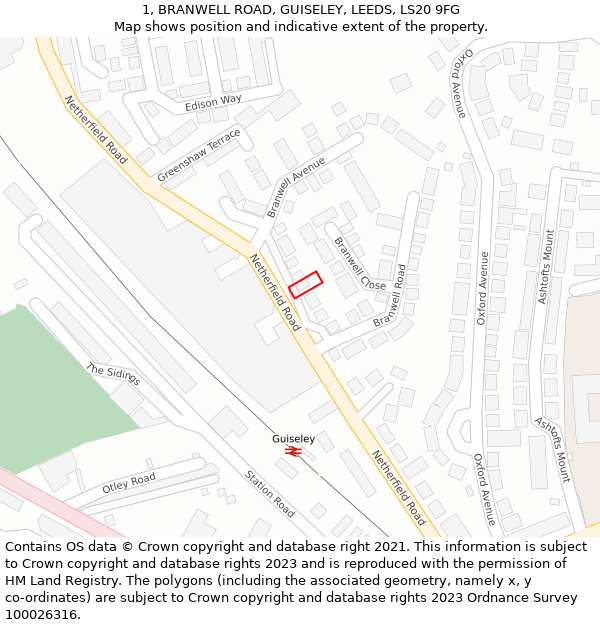 1, BRANWELL ROAD, GUISELEY, LEEDS, LS20 9FG: Location map and indicative extent of plot