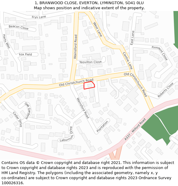 1, BRANWOOD CLOSE, EVERTON, LYMINGTON, SO41 0LU: Location map and indicative extent of plot