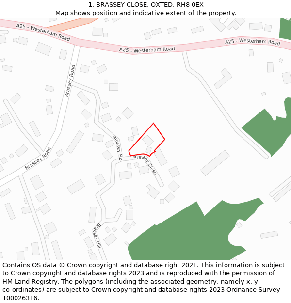 1, BRASSEY CLOSE, OXTED, RH8 0EX: Location map and indicative extent of plot