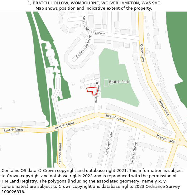 1, BRATCH HOLLOW, WOMBOURNE, WOLVERHAMPTON, WV5 9AE: Location map and indicative extent of plot