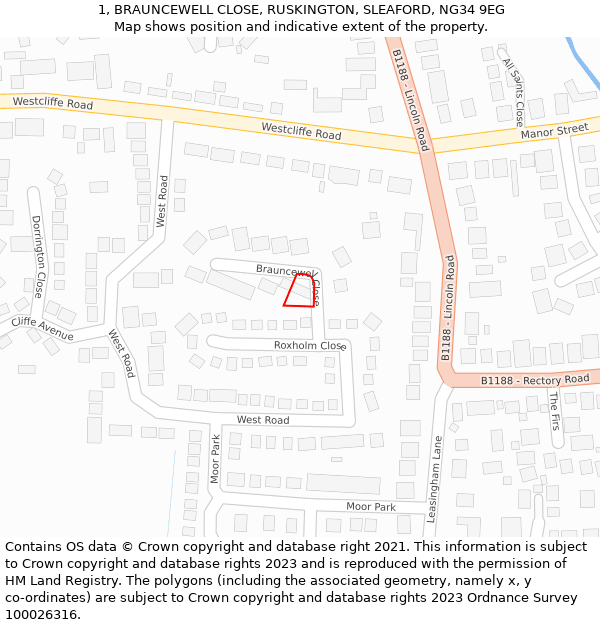 1, BRAUNCEWELL CLOSE, RUSKINGTON, SLEAFORD, NG34 9EG: Location map and indicative extent of plot