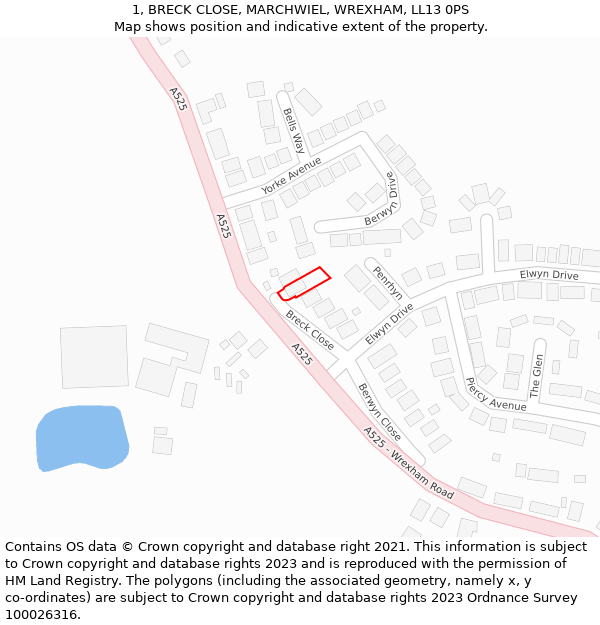 1, BRECK CLOSE, MARCHWIEL, WREXHAM, LL13 0PS: Location map and indicative extent of plot