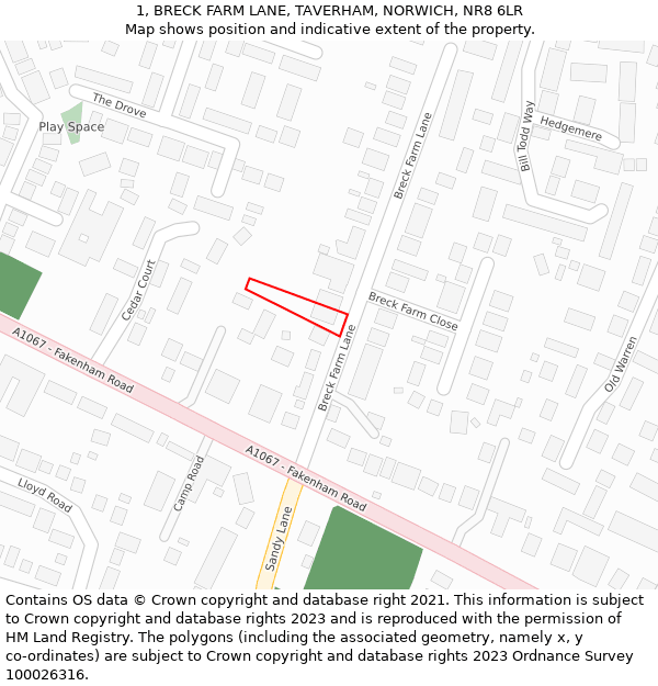 1, BRECK FARM LANE, TAVERHAM, NORWICH, NR8 6LR: Location map and indicative extent of plot