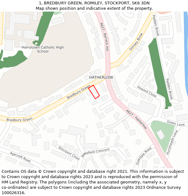 1, BREDBURY GREEN, ROMILEY, STOCKPORT, SK6 3DN: Location map and indicative extent of plot