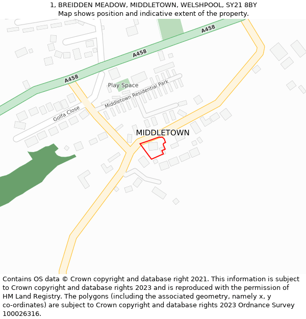 1, BREIDDEN MEADOW, MIDDLETOWN, WELSHPOOL, SY21 8BY: Location map and indicative extent of plot