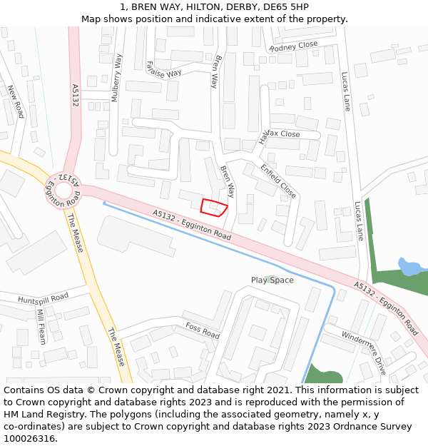 1, BREN WAY, HILTON, DERBY, DE65 5HP: Location map and indicative extent of plot