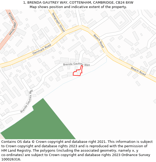 1, BRENDA GAUTREY WAY, COTTENHAM, CAMBRIDGE, CB24 8XW: Location map and indicative extent of plot