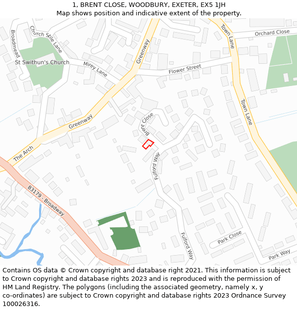 1, BRENT CLOSE, WOODBURY, EXETER, EX5 1JH: Location map and indicative extent of plot
