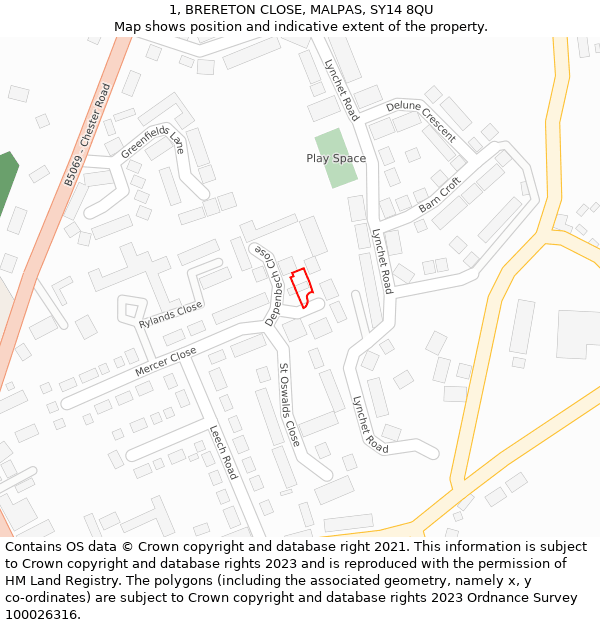 1, BRERETON CLOSE, MALPAS, SY14 8QU: Location map and indicative extent of plot