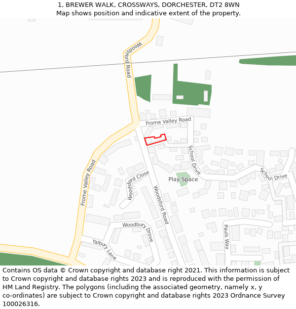 1, BREWER WALK, CROSSWAYS, DORCHESTER, DT2 8WN: Location map and indicative extent of plot