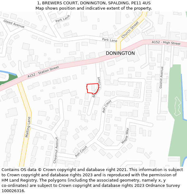 1, BREWERS COURT, DONINGTON, SPALDING, PE11 4US: Location map and indicative extent of plot