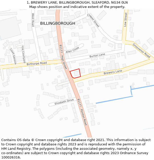 1, BREWERY LANE, BILLINGBOROUGH, SLEAFORD, NG34 0LN: Location map and indicative extent of plot