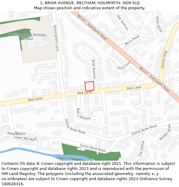 1, BRIAR AVENUE, MELTHAM, HOLMFIRTH, HD9 5LQ: Location map and indicative extent of plot