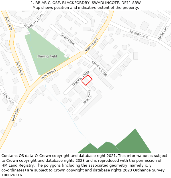 1, BRIAR CLOSE, BLACKFORDBY, SWADLINCOTE, DE11 8BW: Location map and indicative extent of plot