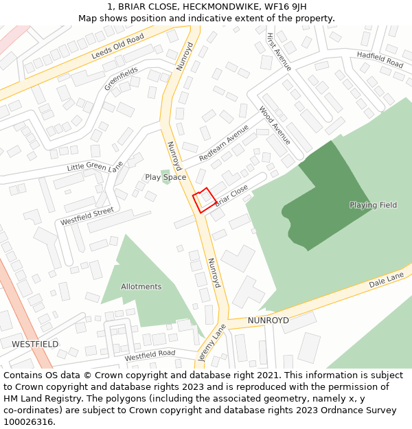 1, BRIAR CLOSE, HECKMONDWIKE, WF16 9JH: Location map and indicative extent of plot