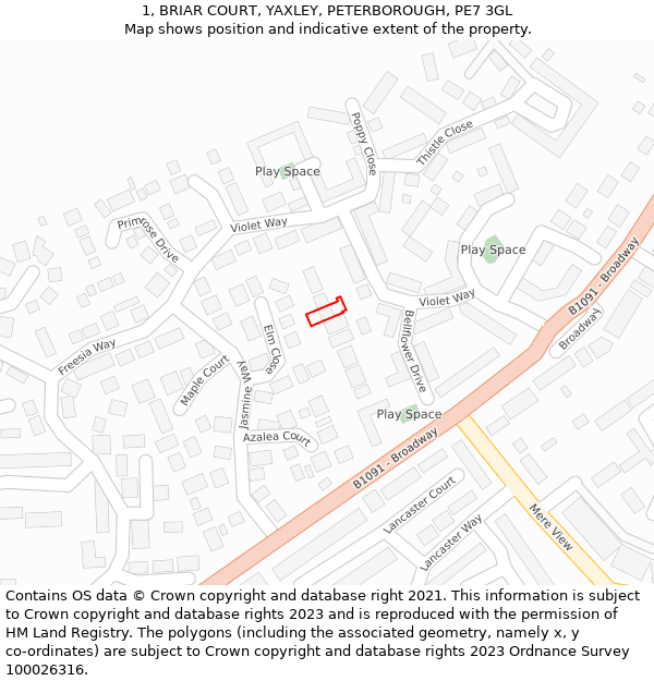 1, BRIAR COURT, YAXLEY, PETERBOROUGH, PE7 3GL: Location map and indicative extent of plot