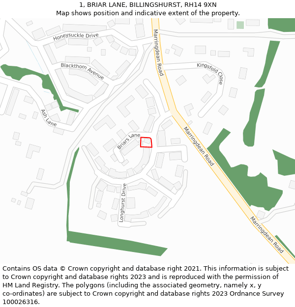 1, BRIAR LANE, BILLINGSHURST, RH14 9XN: Location map and indicative extent of plot