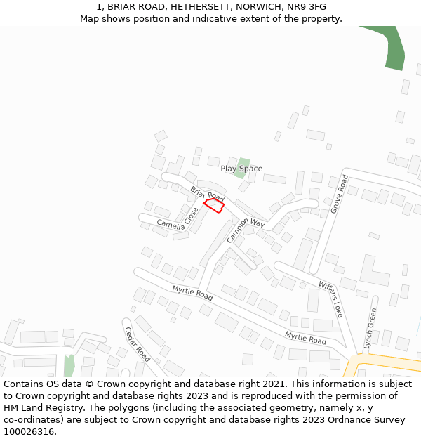 1, BRIAR ROAD, HETHERSETT, NORWICH, NR9 3FG: Location map and indicative extent of plot