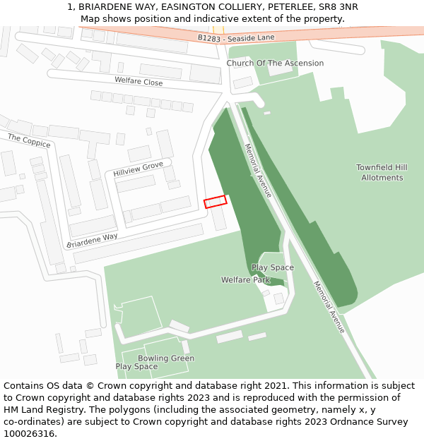 1, BRIARDENE WAY, EASINGTON COLLIERY, PETERLEE, SR8 3NR: Location map and indicative extent of plot