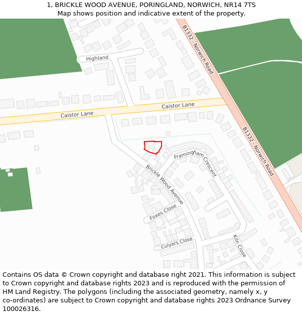 1, BRICKLE WOOD AVENUE, PORINGLAND, NORWICH, NR14 7TS: Location map and indicative extent of plot