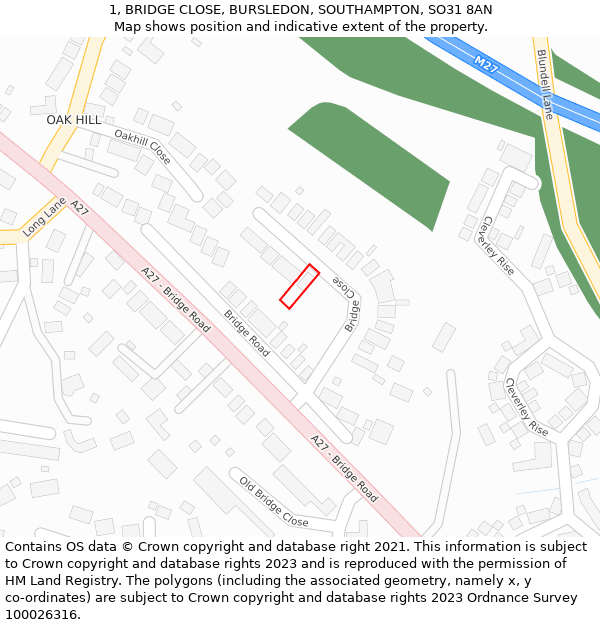 1, BRIDGE CLOSE, BURSLEDON, SOUTHAMPTON, SO31 8AN: Location map and indicative extent of plot