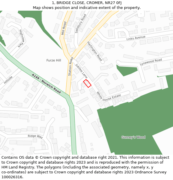 1, BRIDGE CLOSE, CROMER, NR27 0FJ: Location map and indicative extent of plot