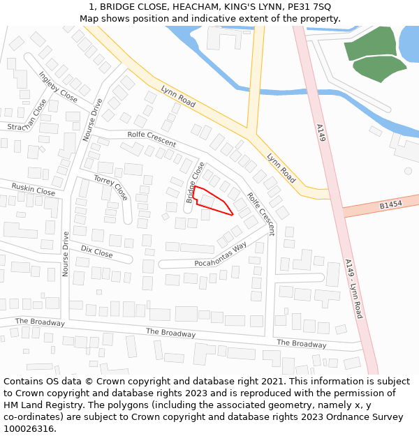 1, BRIDGE CLOSE, HEACHAM, KING'S LYNN, PE31 7SQ: Location map and indicative extent of plot