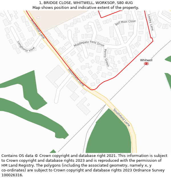 1, BRIDGE CLOSE, WHITWELL, WORKSOP, S80 4UG: Location map and indicative extent of plot