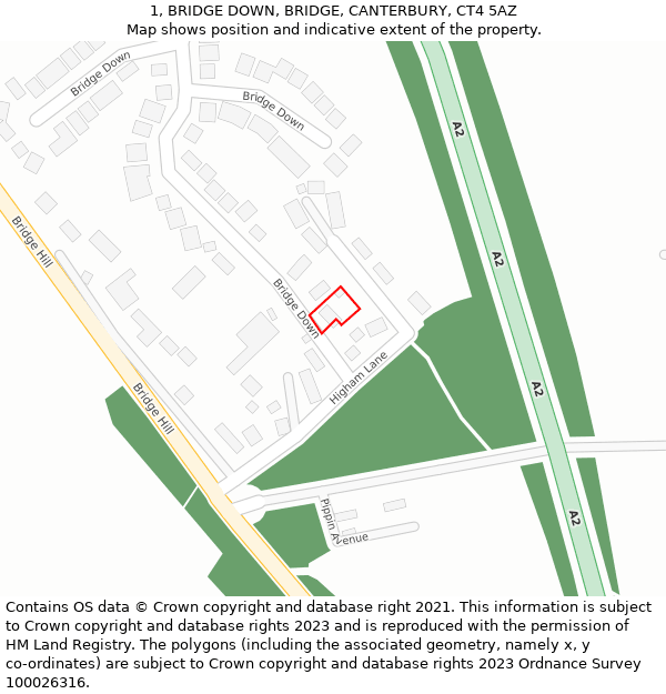 1, BRIDGE DOWN, BRIDGE, CANTERBURY, CT4 5AZ: Location map and indicative extent of plot